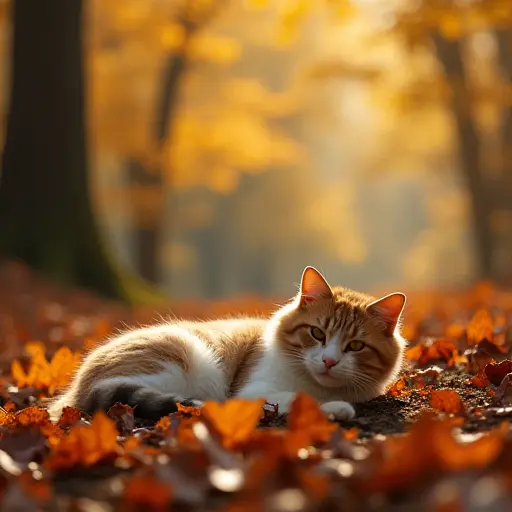 A cat lying lazily in a forest clearing, surrounded by the rich colors of autumn leaves, with golden sunlight filtering through the trees, creating a dappled effect on the cat's fur and the ground covered in leaves.