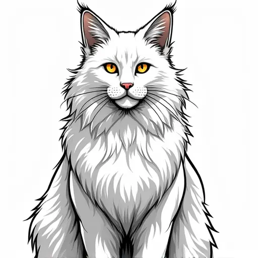 clean black and white hand-drawn outlines of a maine coon from the front view