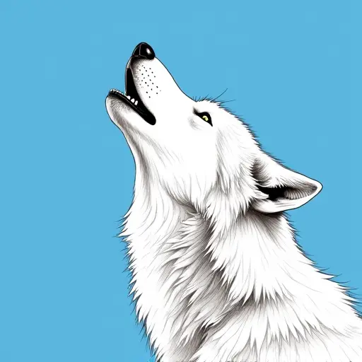 A wolf howling against a clear blue sky, drawn in fine lines with bold, contrasting shadows.