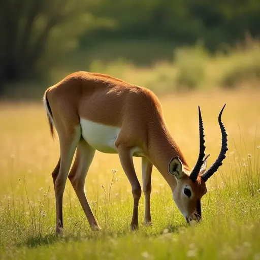 A golden antelope grazing in a lush meadow, its coat glimmering in the sunlight, surrounded by soft, swaying grasses and wildflowers.