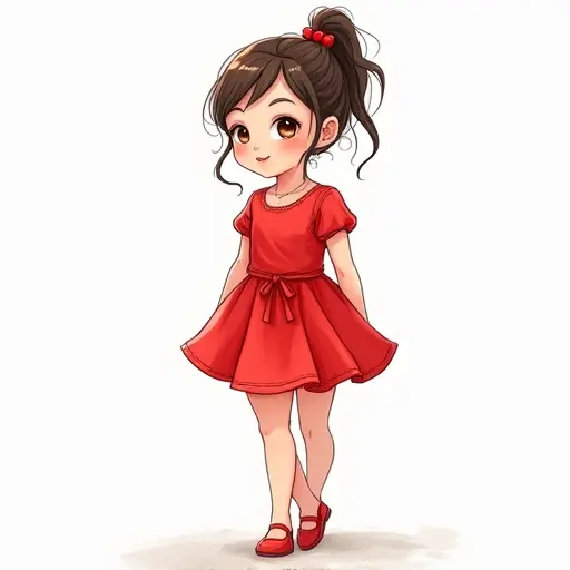 A girl wearing a red dress, sketched with clean lines and soft shading to give a lively, vibrant feel.