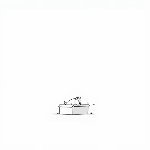 black and white simple line drawing of The dog dives headfirst into the box, its tail swishing gently as it explores the surroundings.