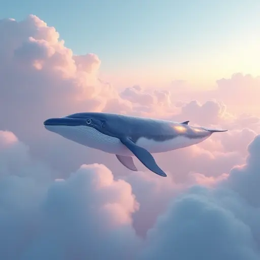 A giant whale floating through a pastel sky filled with clouds, its body semi-transparent and glowing softly.