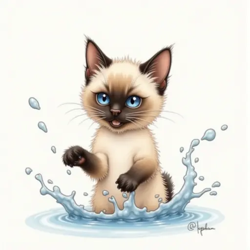 colored pencil drawing of A siamese cat playfully splashing water with its paws, showing a mischievous expression.