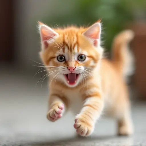 Energetic kitten bouncing around with a big smile and bright eyes.