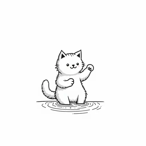 black and white simple line drawingclean hand-drawn outlines of A norwegian forest cat playfully splashing water with its paws, showing a mischievous expression.