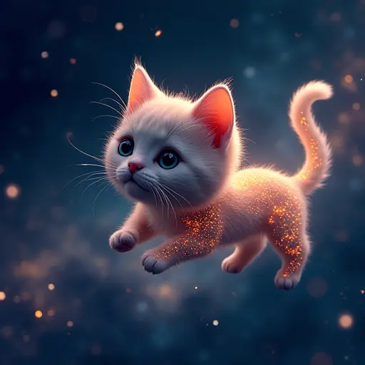 A cat avatar traveling through space, with a cosmic background and glowing constellations forming part of its body.