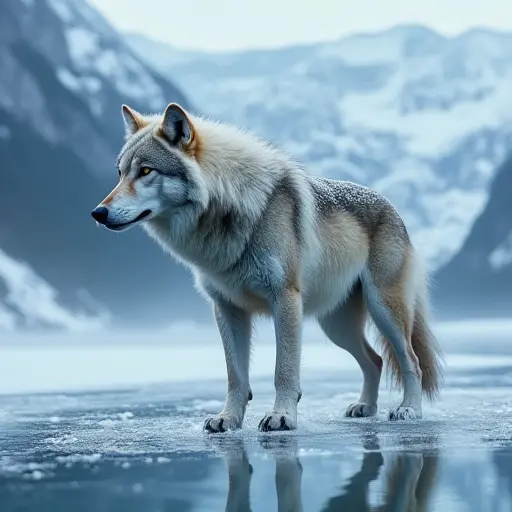 A powerful wolf standing on a frozen lake, its fur shimmering like ice crystals, surrounded by snow-covered mountains.