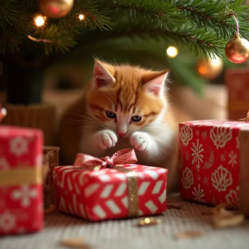 A cute kitten playing under a Christmas tree, batting at colorful wrapped gifts with shiny ribbons, while the tree sparkles with lights and ornaments.