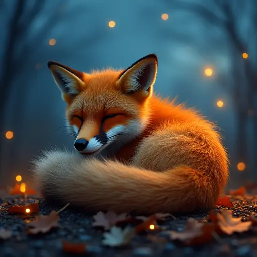 A fox curled up on a pile of leaves under a twilight sky, its fur glowing faintly as fireflies dance around it.