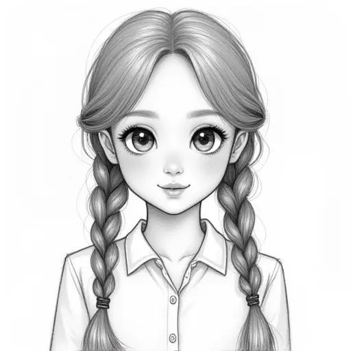 A girl with braided hair, sketched with clean pencil lines and gentle shading for a calm look.