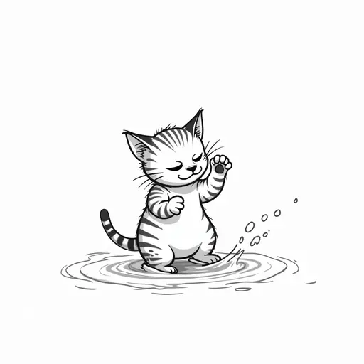 clean pencial outline sketch of A bengal cat playfully splashing water with its paws, showing a mischievous expression.