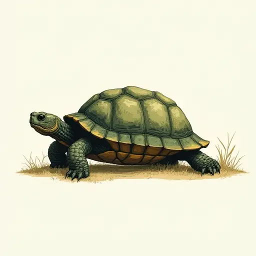 A turtle crawling slowly, drawn with thick lines and shaded with soft greens and browns.