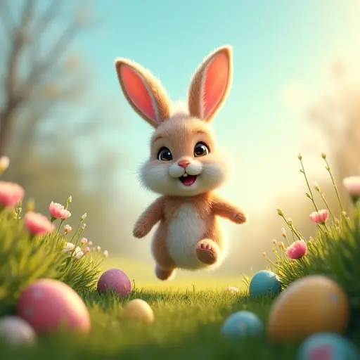 A fluffy Easter bunny hopping through a meadow, hiding colorful Easter eggs under bushes and flowers, spreading joy and excitement for the upcoming holiday celebration.