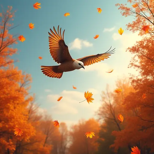 A bird soaring through the autumn sky, with vibrant leaves drifting below it, caught in the wind as the trees are dressed in their autumn colors.