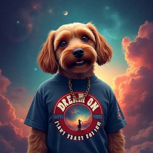 dog, T-shirt, slogan Dream On, cosmic style