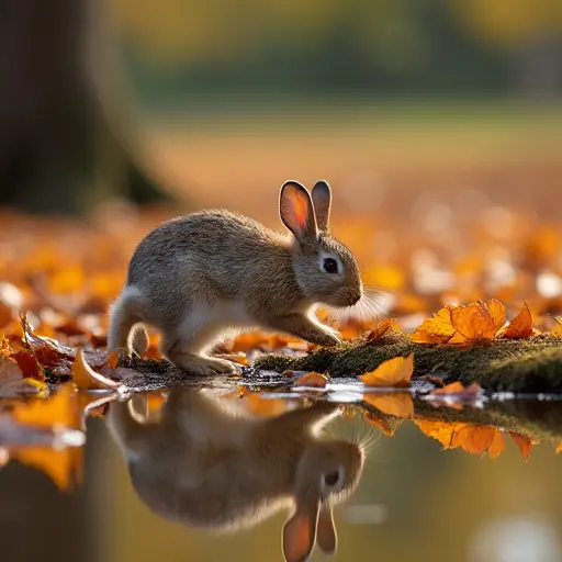 A rabbit hopping near a small pond surrounded by fallen autumn leaves, the reflection of the colorful leaves mirrored in the still water, creating a tranquil autumn scene.