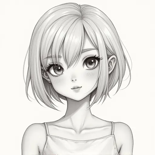 A girl with milk tea skin and short hair, sketched in fine lines with soft pencil shading.