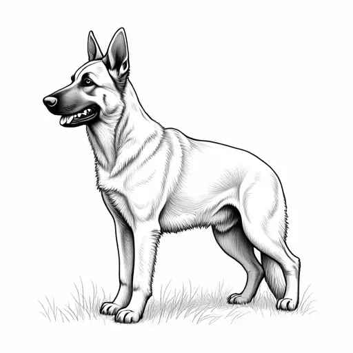 black and white simple line drawing of a german shepherd from the side view