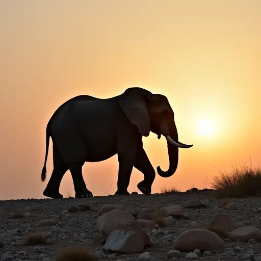 A large elephant wandering through a rocky, barren landscape, its massive form casting a long shadow as the sun sets behind it.