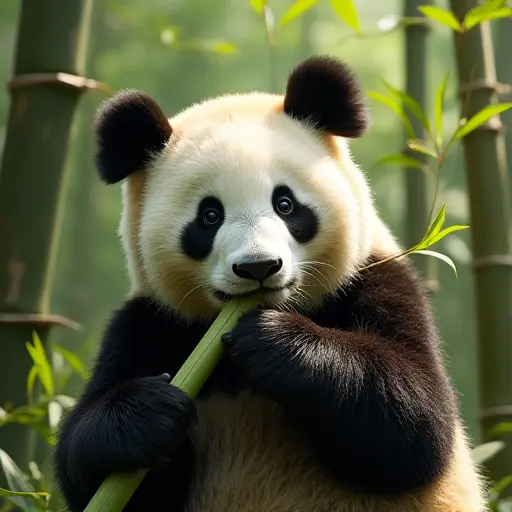 A panda lazily chewing on bamboo in a bamboo forest, with the leaves gently swaying in the breeze, and sunlight filtering through the tall bamboo stalks, casting dappled light on the panda’s fur.