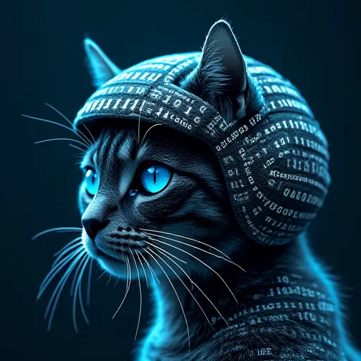 A cat wearing a helmet made of encrypted data patterns, representing digital security and privacy in a high-tech world.