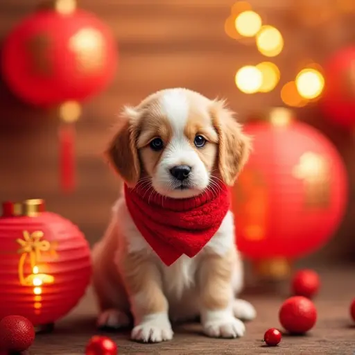 A playful puppy wearing a festive red scarf, sitting beside traditional red lanterns, with the golden glow of the lanterns reflecting off the surrounding decorations during the Chinese New Year celebrations.