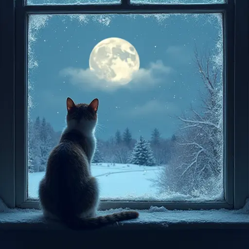 A cat sitting on a frosted windowsill, gazing out at a snowy landscape under the light of a cold winter moon.