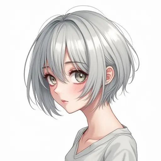 A girl with silver hair, styled in a messy bob, drawn in a light sketch style with subtle shading and details.