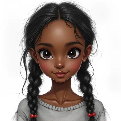 A girl with dark skin and braided hair, sketched with detailed pencil strokes and soft shading.