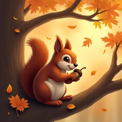 A squirrel perched on an oak tree branch, nibbling on an acorn, while autumn leaves drift lazily around it, creating a peaceful fall scene with a touch of whimsy.