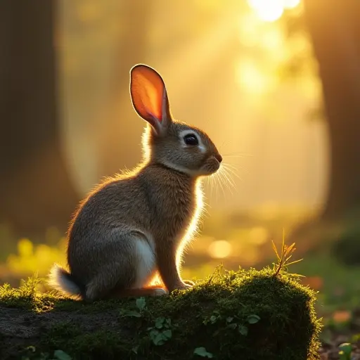 A rabbit sitting on a mossy log in the forest, illuminated by golden rays of morning light breaking through the trees.