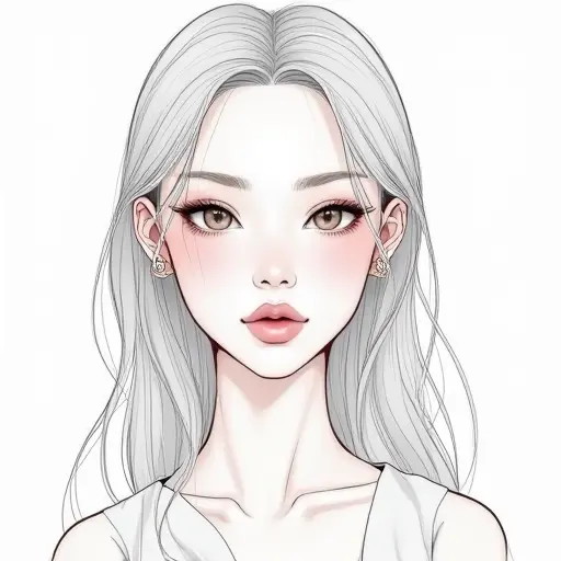 A girl with delicate makeup and long hair, drawn with fine lines and soft shading for a graceful look.