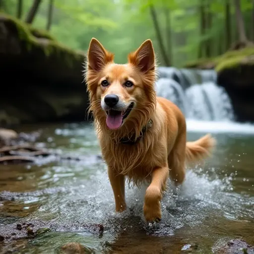 A dog wading in a forest stream with a small waterfall in the background, water droplets glistening on its wet fur as sunlight filters through the trees.