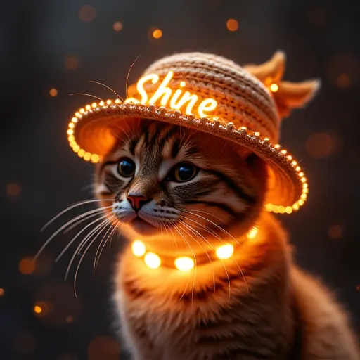 cat, hat, slogan Shine Bright, glowing style