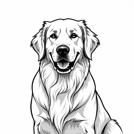 black and white simple line drawing of a golden retriever from the front view