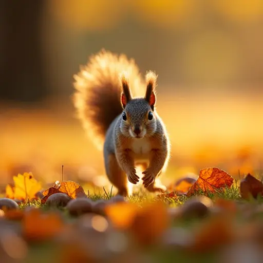 A squirrel running through a golden autumn field, its tiny paws kicking up fallen leaves as it scurries to collect nuts, with the warm sunlight casting long shadows across the field.