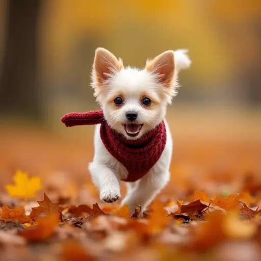 A small dog wearing a scarf, trotting happily through a field of colorful autumn leaves, its tail wagging with joy as the leaves dance around it in the crisp air.