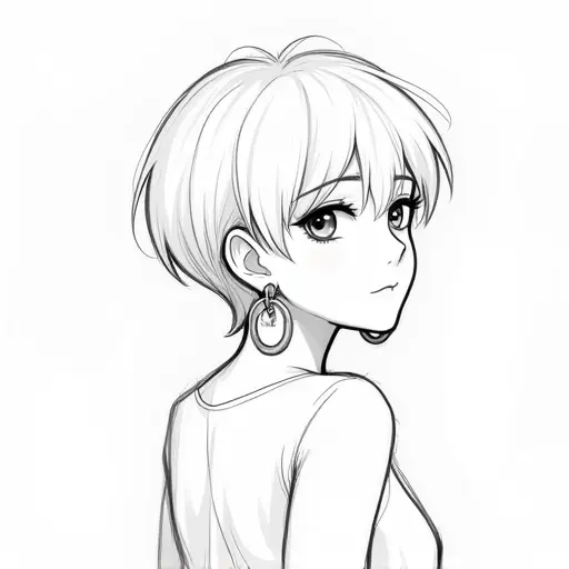 A girl with short hair and large earrings, sketched with clean lines and light shading.