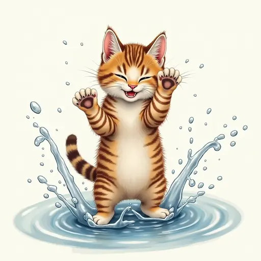 pointillism painting of A american shorthair playfully splashing water with its paws, showing a mischievous expression.