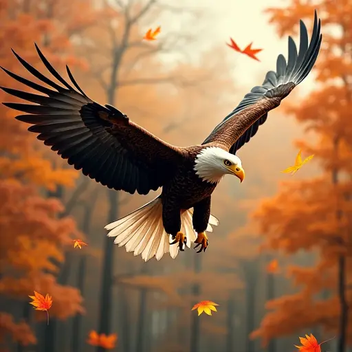 A majestic eagle soaring above an autumn forest, its wings cutting through the cool air, while vibrant autumn leaves swirl around it in the wind, creating a stunning scene of flight and color.