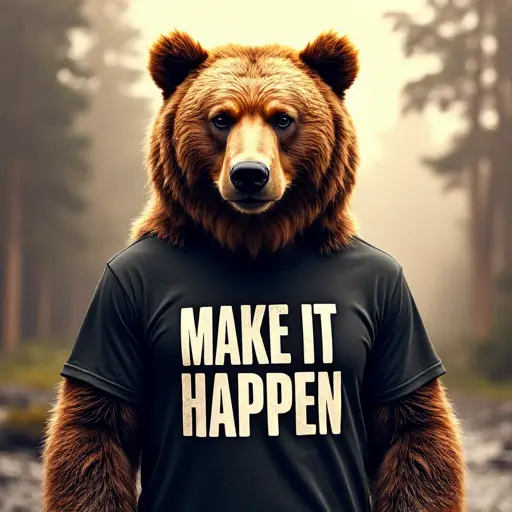 bear, T-shirt, slogan Make It Happen, action style