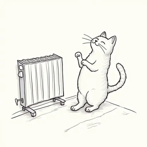 A cat standing in front of a heater, enjoying the warm breeze. style: pencial outline sketch.