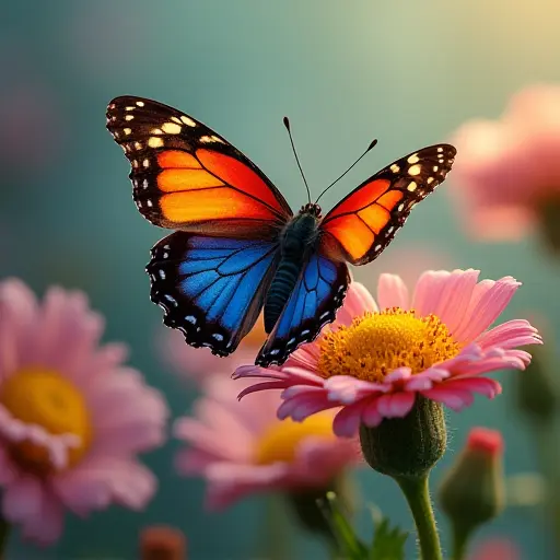 Colorful butterfly with vibrant wings, gently flying among flowers.