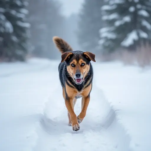 A dog trotting through a snowy landscape, its breath misting in the cold air as it leaves pawprints in the fresh snow, surrounded by frosty trees.