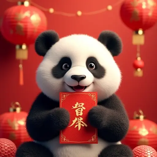 A panda happily holding a traditional red envelope (hongbao) during Chinese New Year, surrounded by bright red decorations, lanterns, and auspicious symbols of luck and prosperity.