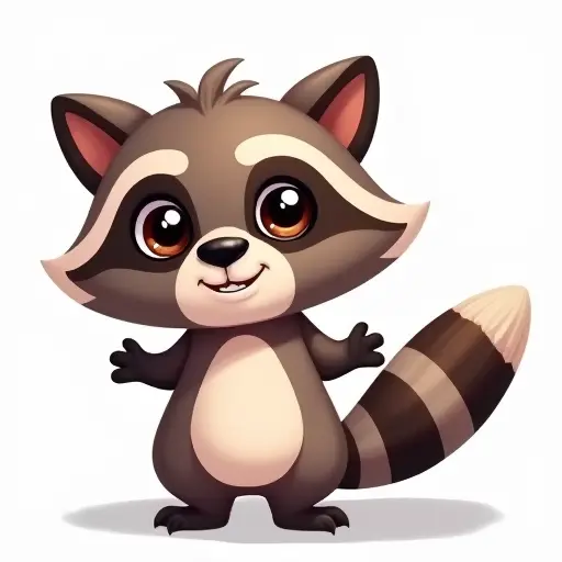 Playful raccoon with a striped tail, big eyes, and a mischievous grin.