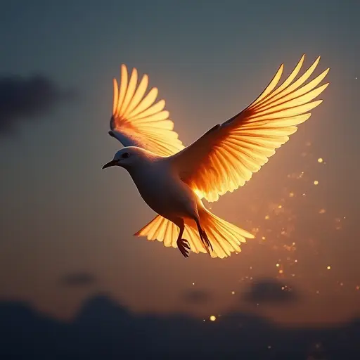 A bird with feathers that radiate a warm golden light, flying serenely through a clear twilight sky, leaving faint glowing trails behind it.