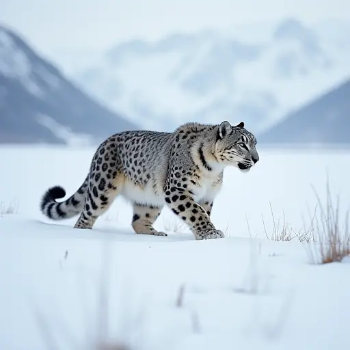 A snow leopard stalking silently through the snowy plains, its sleek coat blending seamlessly with the white snow and distant mountain peaks.