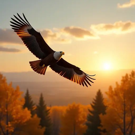 An eagle soaring high above golden autumn trees, its wings catching the warm rays of the setting sun, with a vast, clear sky stretching endlessly behind it.